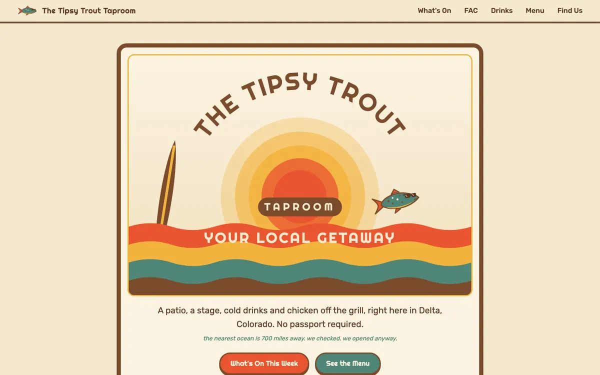 The Tipsy Trout Taproom home page on a desktop screen